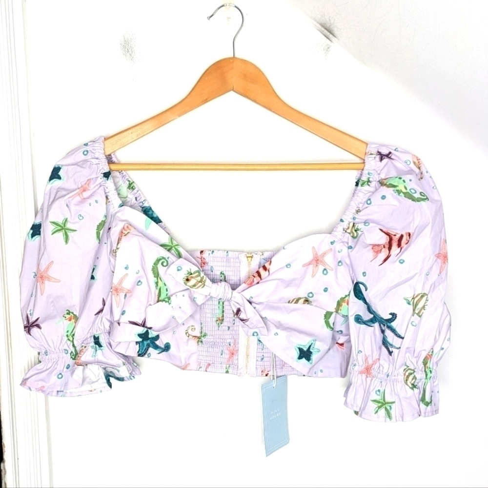 HILL HOUSE Isabella Cotton Crop Top in Sea Creatures Print NEW Size M
